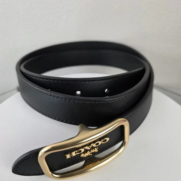Coach Morgan Rectangle Black Leather Buckle Belt Medium M Gold Horse Carriage - Picture 6 of 7